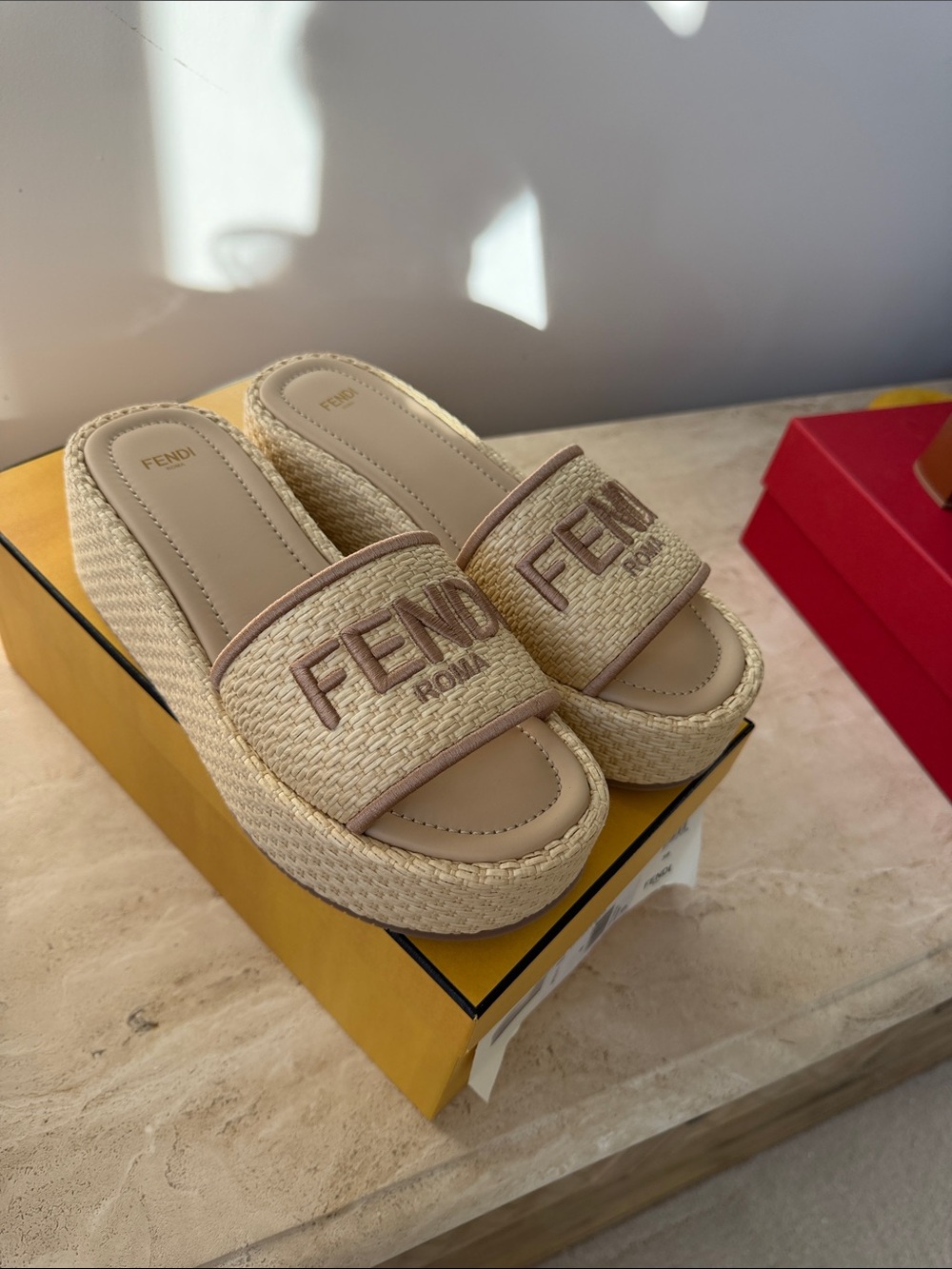 Fendi Beige Raffia Logo Slide Mules